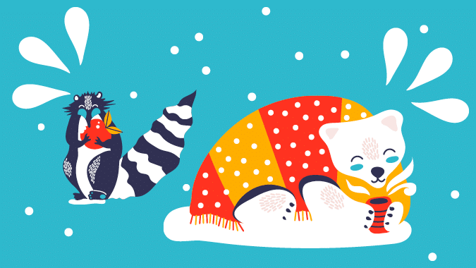 Illustrated raccoon eating an apple next to a sweater-wearing polar bear drinking coffee