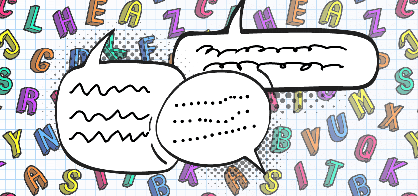 Illustration of four speech bubbles with a colorful collection of letters in the background
