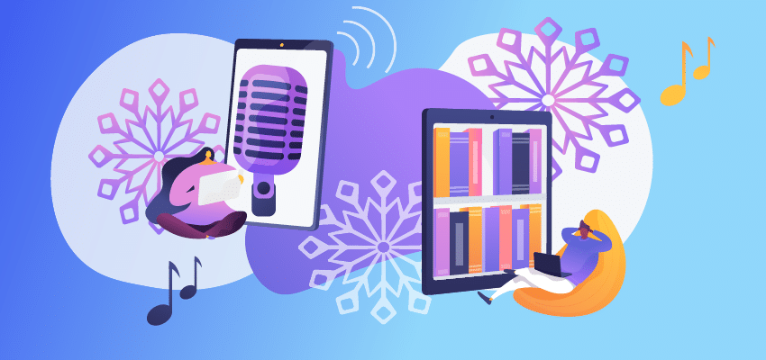 Illustration of snow flakes, music notes, and a microphone floating around a listening library