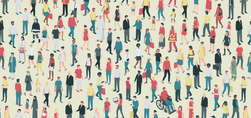 Illustration of a crowd from above walking in all directions