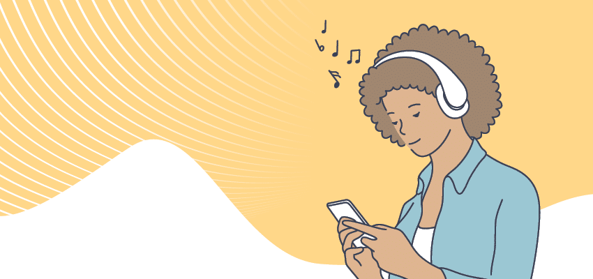 Illustration of young African American woman listening to music on her headphones while looking at her smartphone