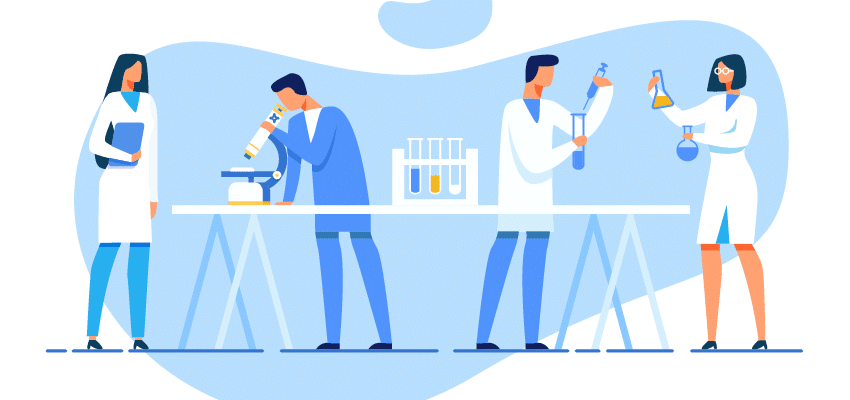 Illustrations of scientists in white coats checking beakers full of fluid