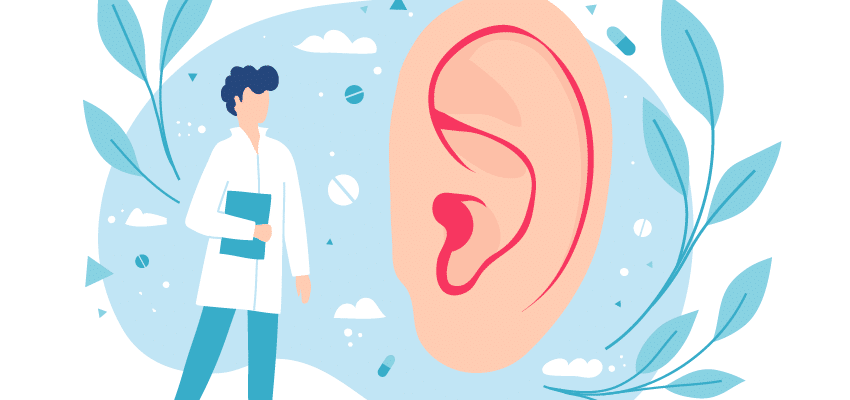 Illustration of an audiologist looking at a large ear.